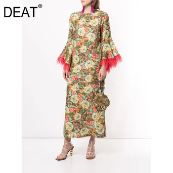 

DEAT autumn and winter round neck flare sleeves fur patchwork pullover straight pullover long dress female vestido WO