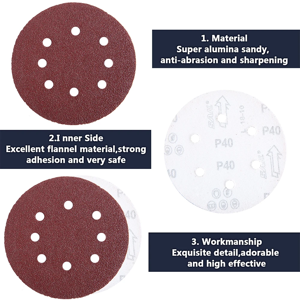 100pcs 5 Inch Hook Loop Sanding paper with 8 Hole Sand Pads Set 40 Grit-600 Grit Sander Disc Abrasi