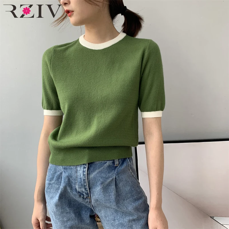 

RZIV Autumn and winter women's sweater casual solid color round neck short-sleeved sweater