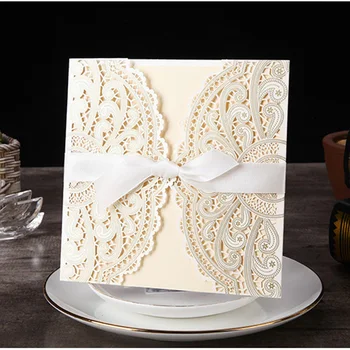 

50pcs Laser Cut Wedding Invitation Card Greeting Card with Ribbon White Gold Red Wedding Decoration Party Customize Supplies