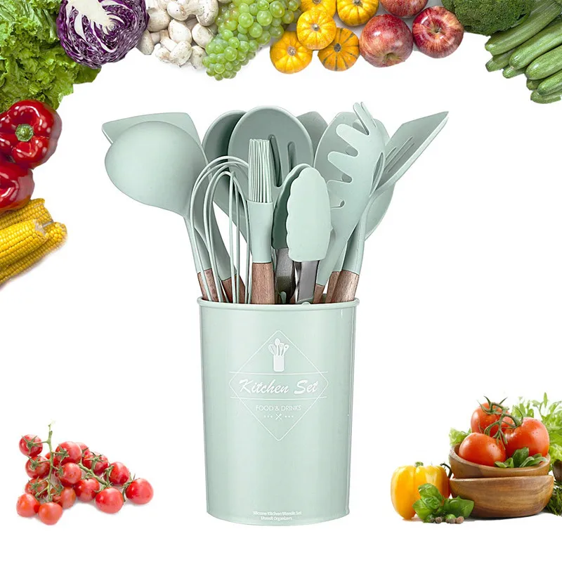 Silicone Spatula Spoon Tongs Utensils Heat-resistant Soup Spoon Non-stick Spatula Shovel Wooden Handle Cooking Kitchen Tool