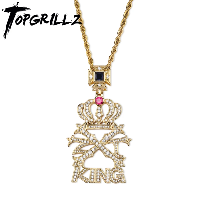 

TOPGRILLZ New Iced Out AAA CZ stone Crown KING Letters Pendant &Necklace Micro Paved Bling Charm Chains Hip Hop Jewelry