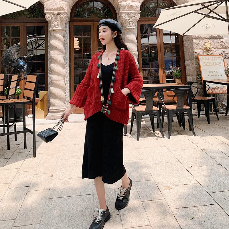 

2019 Autumn New Style Korean-style Loose-Fit Versatile Online Celebrity Strapped Dress Retro Cardigan Sweater Two-Piece Set Wome