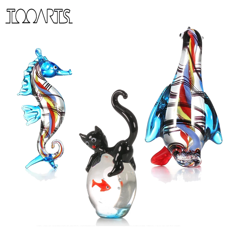 Tooarts 猫と金魚ギフトガラスオーナメント動物置物吹き家の装飾猫の置物家の装飾アクセサリー Figurines Miniatures Aliexpress
