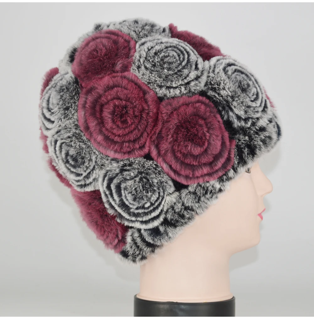 Winter Rex Rabbit Fur Hat Women Knitted Natural Rex Rabbit Fur Flowers Beanies Hats Warm Soft Real Rex Rabbit Fur Caps