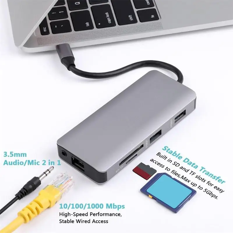 9 в 1 Тип C концентратор w/Ethernet кабель-Переходник USB C на HDMI VGA USB3.0 кард-ридер адаптер