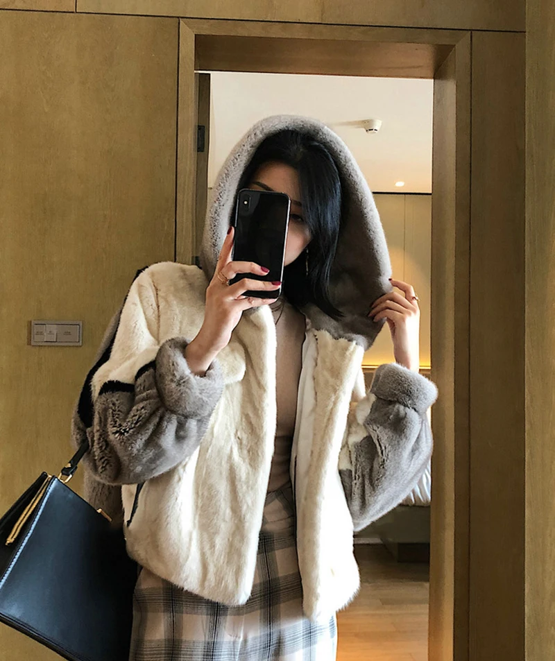 Fang Tai мех новые зимние Бархатные норковые меховые пальто для женщин Лоскутные с мехом Капор из норки пальто женские короткие пальто из натурального меха
