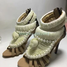 Pearls Decor High Heel Sandals Open Toe Handmade Shiny Crystal Dress Women Shoes Round Toe Stiletto Heel Dress Shoes