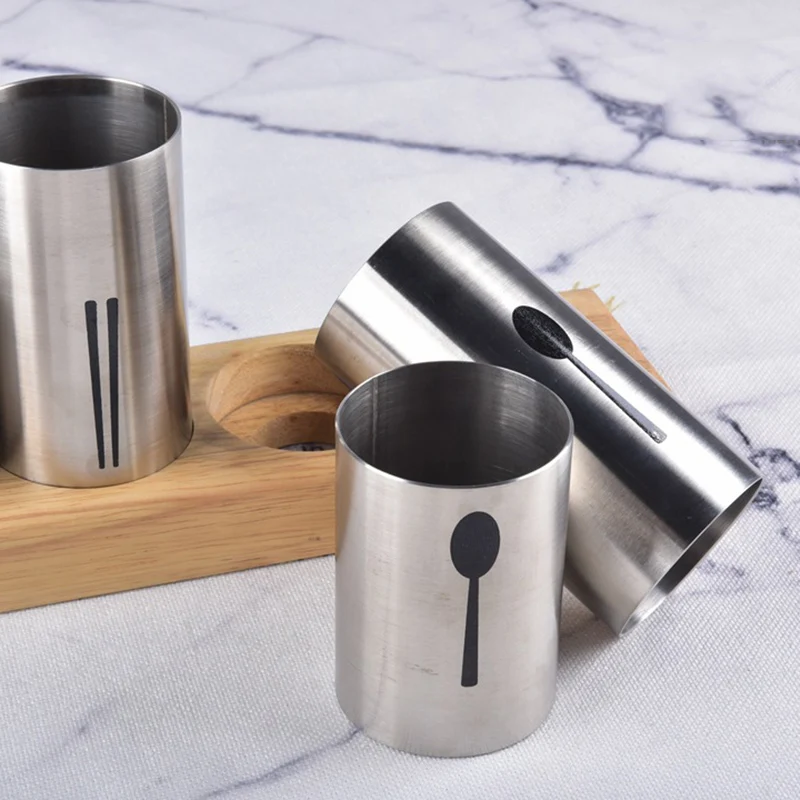 Tableware Storage Chopstick Knife Spoon Fork Basket Storage Rack Set Bottles with Wood Stand Tray Stainless Steel Boxes Dinnerwa