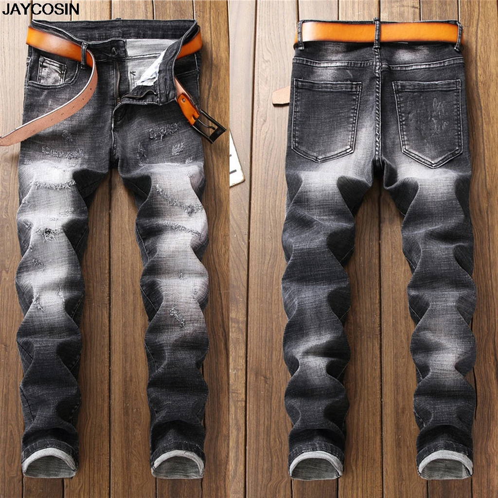 KLV Men Ripped Hole Skinny Denim Jeans Hip Pop Pants Trousers Sweatpants Streetwear Men Pencil Pants Trousers Hombre 9729