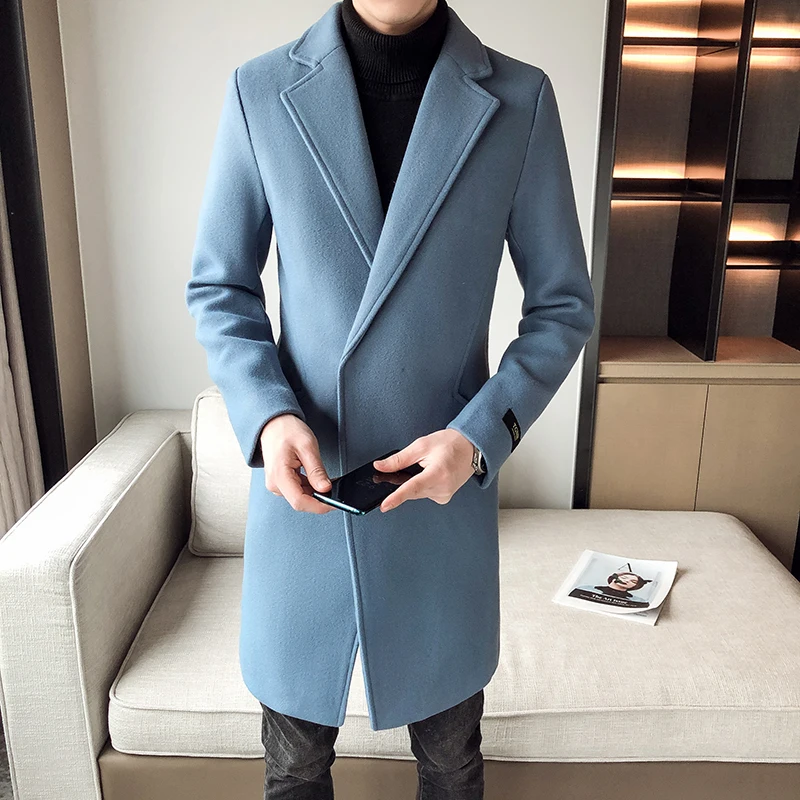 Manteau Long en laine pour homme, élégant, Vintage, bleu ciel, Trench coat, coupe Slim, rétro