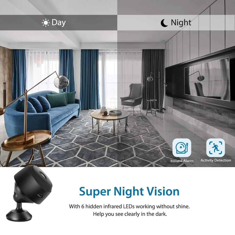 Мини-камера, домашняя камера безопасности WiFi, ночное видение 1080P Беспроводная камера наблюдения, удаленный монитор телефон приложение