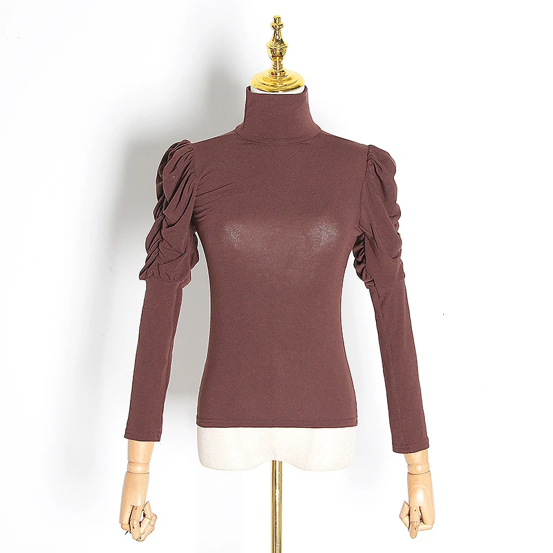 GALCAUR Minimalist Ruched T-shirt For Female Turtleneck Puff Long Sleeve Autumn Slim T Shirt Women Fashion Clothes New