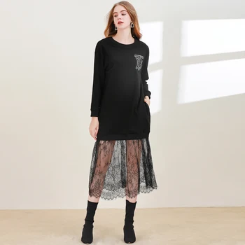 

Xiaomoli Casual style black temperament patchwork lace dress new in autumn 2020