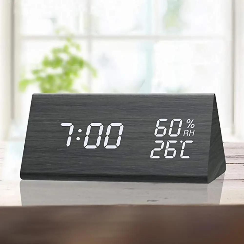 

Creative Digital Alarm Clock Wooden Electronic LED Time Display Temperature and Humidity Detect Clock For Bedroom Alarm Clock