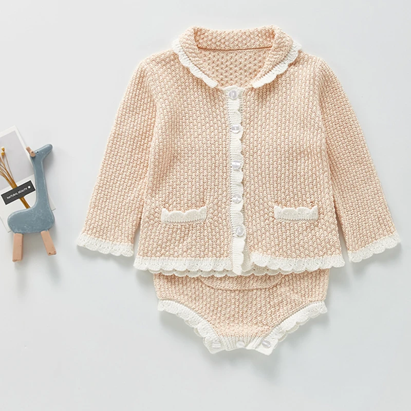 0-3Yrs Toddler Baby Girl Knitting Clothes Set Spring Autumn Solid Color Hollow Out Cardigan Coat+Romper Newborn Baby Clothes Set