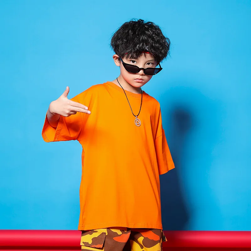t shirt tops Детская свободная оранжевая безразмерная футболка камуфляжные повседневные штаны для бега одежда в стиле хип-хоп для девочек и мальчиков, костюм для джазовых танцев - Цвет: t shirt tops