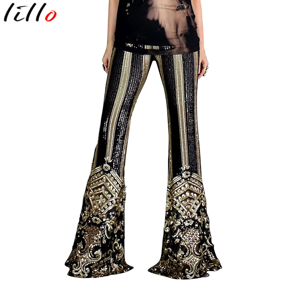 Pants for Woman High Waist Elastic Multicolor Striped Floral Sequins FlaresParty Night Lady Glitter Bell-bottomed | Женская одежда