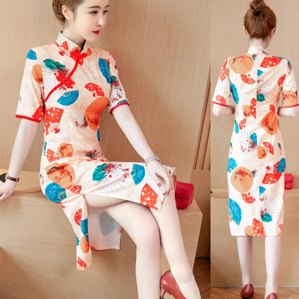 Винтажное летнее китайское платье с цветочным принтом размера плюс, Qipao, вечерние платья Cheongsam, Элегантное повседневное платье cheongsam,, короткий рукав