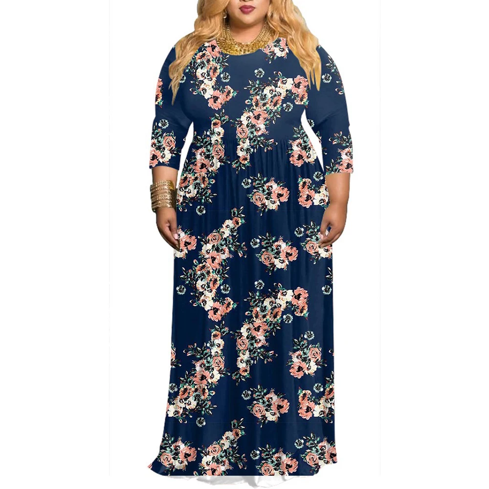 Женское элегантное платье большого размера с цветочным принтом, с круглым вырезом, длина до пола, Vestidos размера плюс, Повседневная весенняя одежда с цветочным принтом