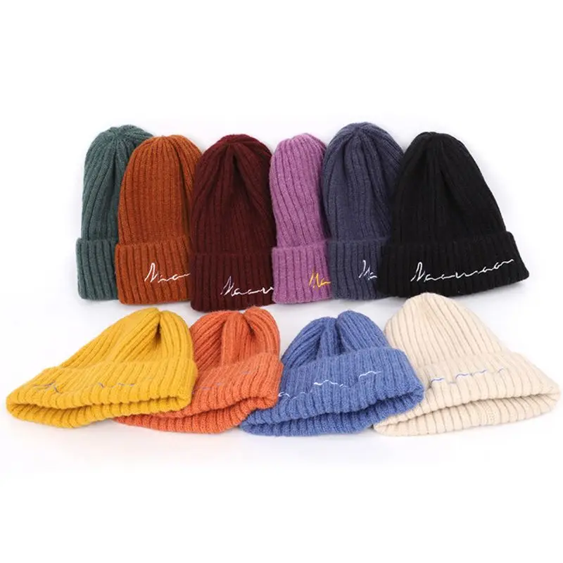 

Girls Boys Autumn Winter Warm Knitting Wool Hat Candy Color Letter Embroidery Pattern Stretchy Curling Cap for Christmas Gifts