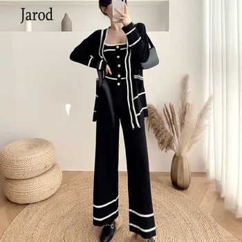 

2020 Autumn Women 3 Pieces Sets Vintage Elegant Knitted Cardigans Long Coats+ Vest Tops + High waist Wide Leg Pants Suits