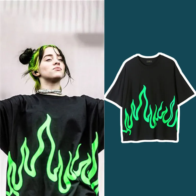 

Billie Eilish Tour T Shirt Hip Hop Streetwear 100% Cotton Retro Flame Print Oversize O-neck Short Sleeve Couple Men T Shirt