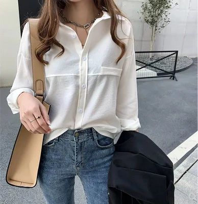New Chiffon Women Shirt Long Sleeve Loose Turn-down Collar Womens Shirts Casual Large Size Blouse