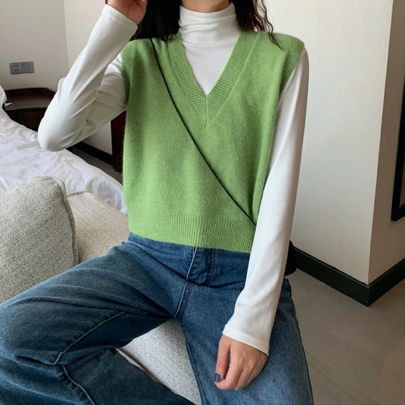 Korean Style Soild Color Women Sweater Vest Short Paragraph Loose Sweater Women's Autumn Wear New Wild Female Sweater Vest