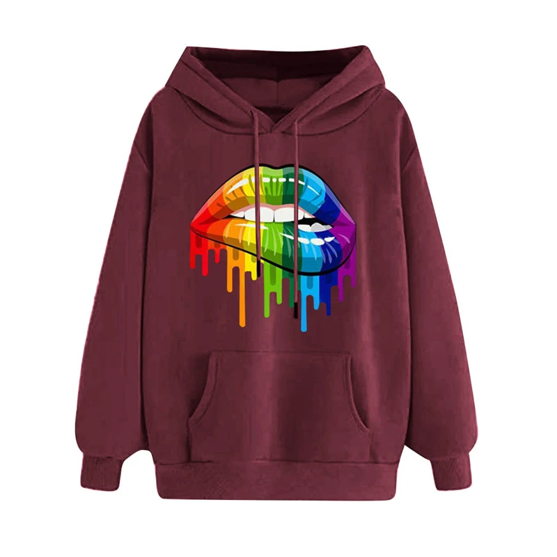  Casual Loose Lip Print Rainbow Women Hoodies 2020 Pullover Sweatshirt Autumn Winter Female Streetwe