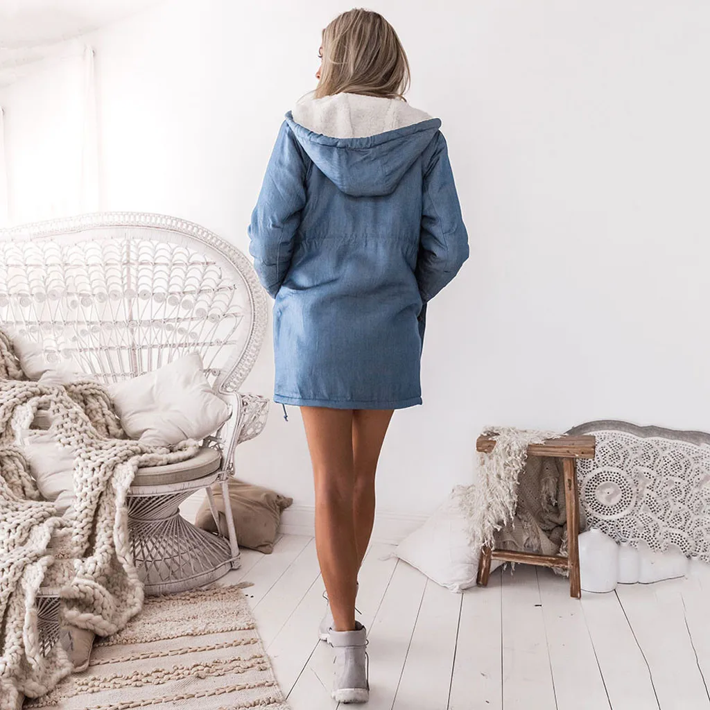 Finest  Women's Hooded Jackets Female Jacket Plush Coat Long Sleeve Casual Denim Jacket Long Jean Outwear O