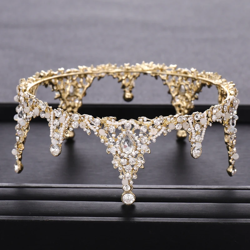 Bridal Wedding Crown Gold Rhinestone Crystal Crown Princess Round Crown Handmade Wedding Hair Accessories Bridal Wedding Crown