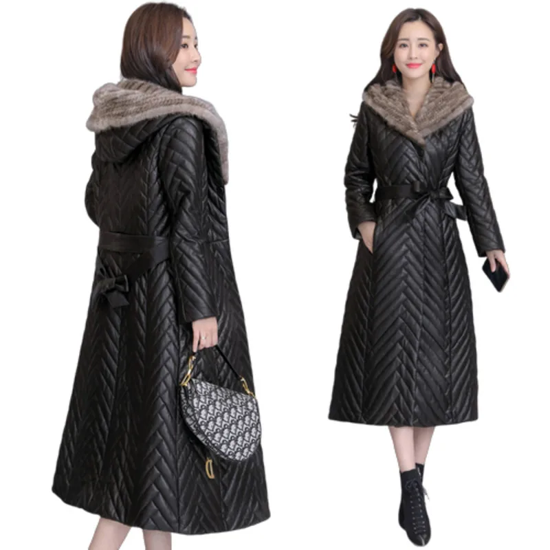 Зимняя кожаная куртка для женщин, Овечий пух, куртки с капюшоном, Chaqueta Cuero Mujer, для похудения, Dames Jassen, зимнее черное пальто