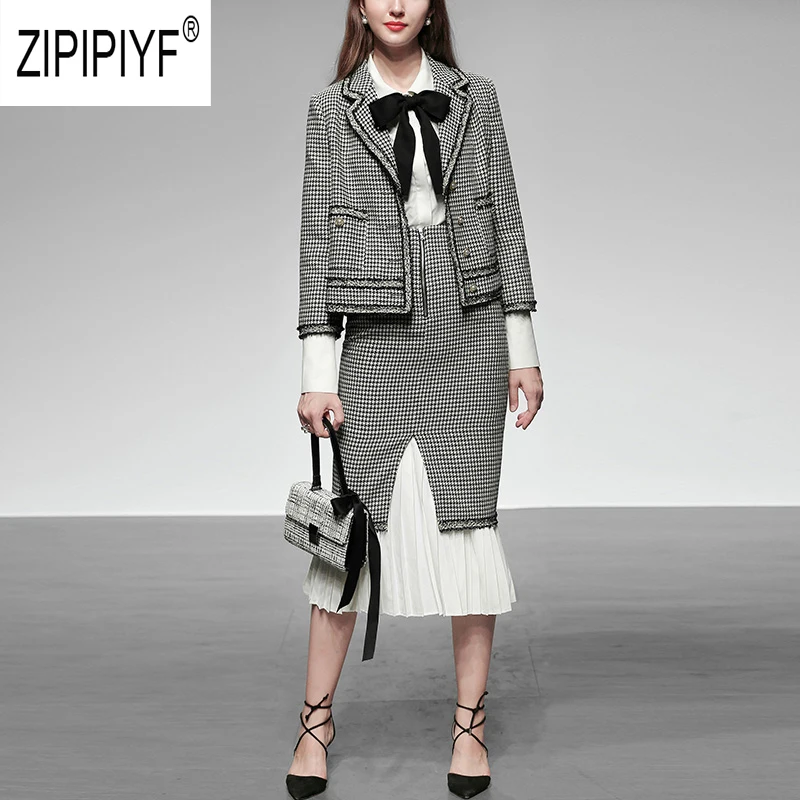 

2019 Autumn Winter Fashion Women Sets Woolen Pockets Single-breasted Long Sleeve Coats Chiffon Patchwork High Waist Skirts Z2392