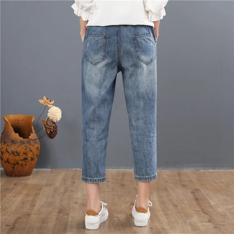 Summer New Style Casual Jeans Women's Embroidered Elastic Waist Large Size Medium Waist Women's Harem Cowboy Embroidery Capri Pa