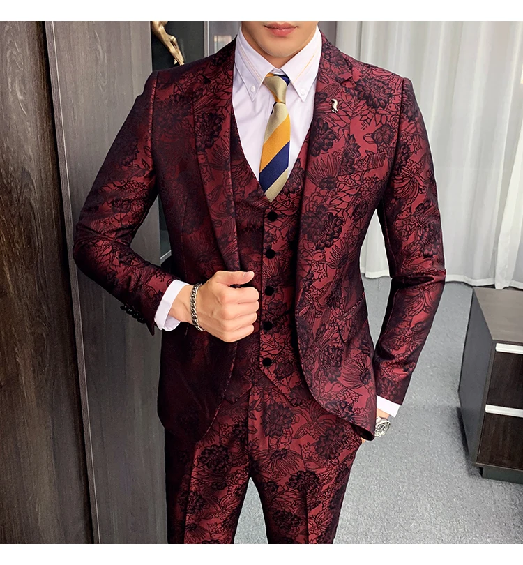 Цветочный жаккардовый костюм для мужчин Slim Fit коричневый бордовый темно-синий костюм для жениха из трех частей DJ партии выпускного вечера сценический костюм Q882