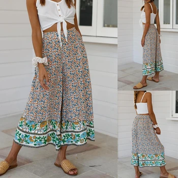

Women Floral Printed Boho Long Pants Casual Elastic Waist Soft Ethnic Style Patchwork Wide Leg Pants Women Summer Beach Trousers