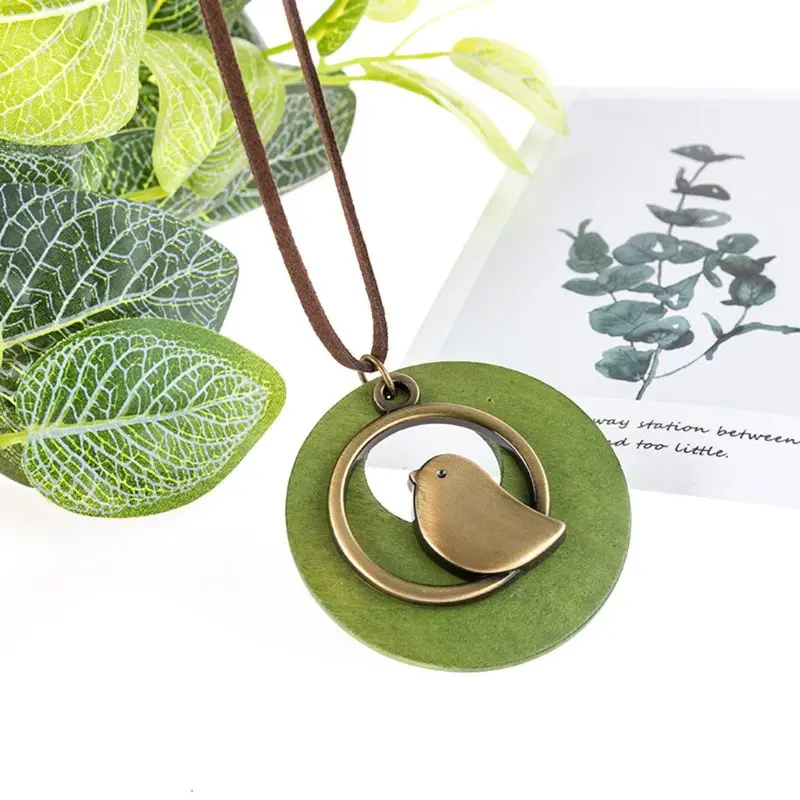 

Handmade Wood with Bird Pendant Vintage Long Necklace Long Sweater Chain Women