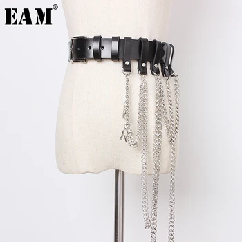 

[EAM] Pu Leather Asymmetrical Chain Split Joing Long Belt Personality Women New Fashion Tide All-match Spring Autumn 2020 1D177