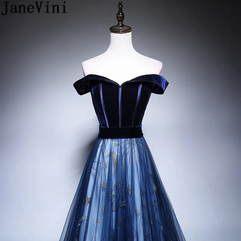 JaneVini Elegant Evening Dress Long Prom Dresses Off Shoulder Deep Blue Tulle Star Lace Velvet Party Gown Robe De Soiree