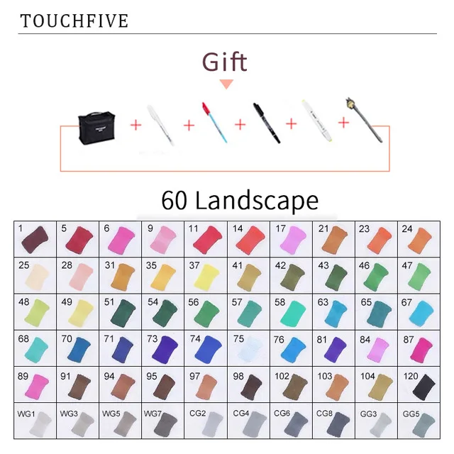 60 LANDSCAPE TouchFIVE 20 Вт, 30 Вт/40/60/80 цветные маркеры манга чертежные Маркеры Ручка на спиртовой основе эскиз жирной двойной кисть товары для рукоделия - Цвет: 60 LANDSCAPE