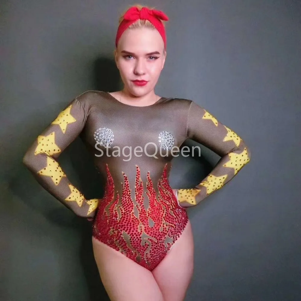 Women Sexy Stage Fire Pattern Stones Leotard Costume Singer Sexy Rhinestones Bodysuit Nightclub Outfit Party Wear Stretch Outfit
