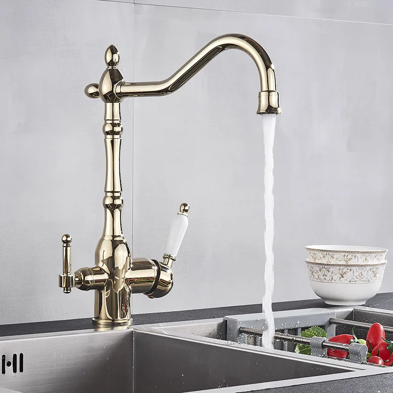 gold Матовый черный кран для кухонной раковины, фильтр для чистой воды, смеситель для напитков, кран с двумя ручками и двумя носиками, кран для ванной и кухни, кран для горячей и холодной воды - Цвет: gold