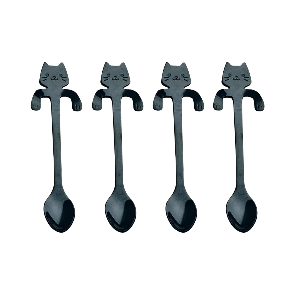 black 4 шт. мини-ложки из нержавеющей стали для кошки, котенка, кофе, чая, десерта, напитков, смешивания, ложка для молочного коктейля, набор посуды, кухонные принадлежности - Цвет: black