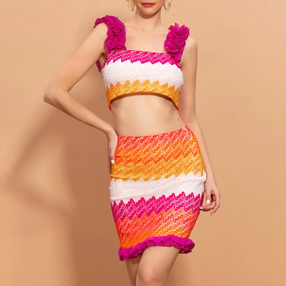 

Women Chic Two Piece Sets Female 2020 Summer New Color Block Wave Pattern Camisole Vacation Style Two-piece Skirt Suits