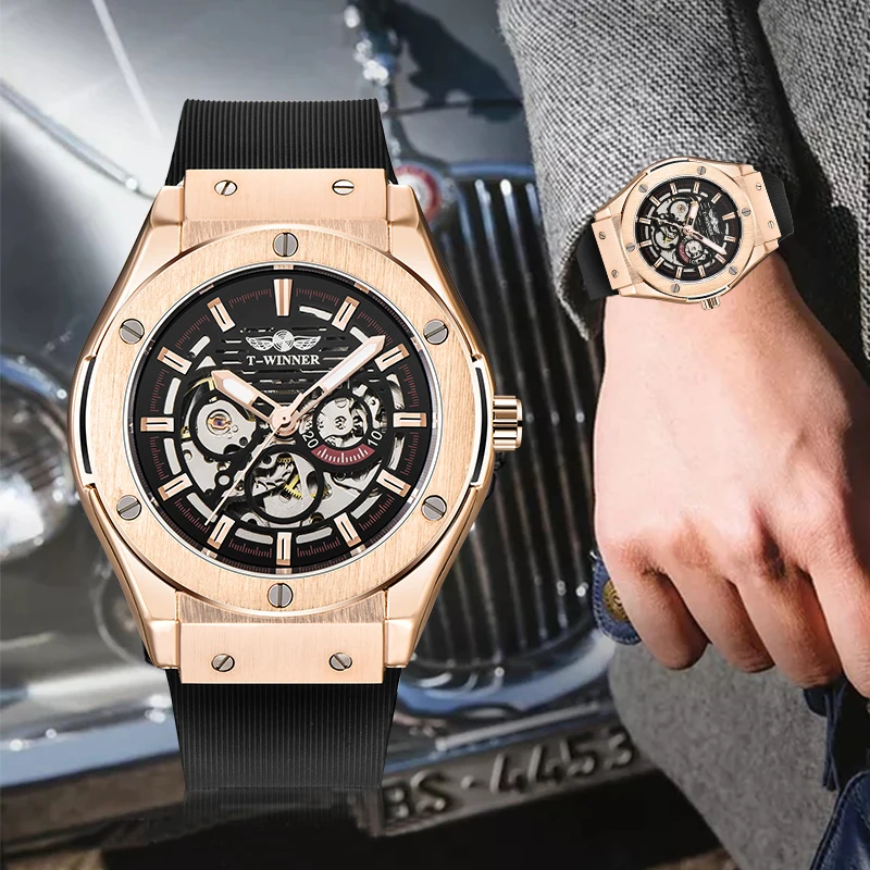 

WINNER 2020 New Military Mens Automatic Watches Skeleton Dial Rubber Strap Clock Rose Gold Case Luminous Hands Wristwatches