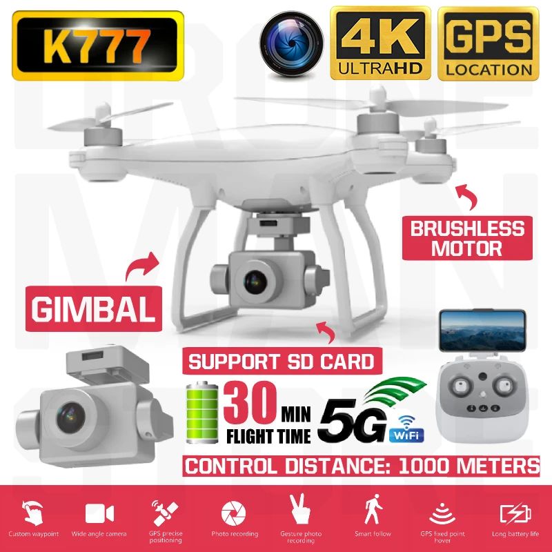 Радиоуправляемый квадрокоптер K777 Дрон 4K GPS HD двухосевой карданный подвес камера
