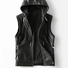 Кожаный жилет с капюшоном из натуральной кожи, мужская куртка из овчины, повседневные мужские жилеты, винтажные мужские жилеты Colete, KFS19M014