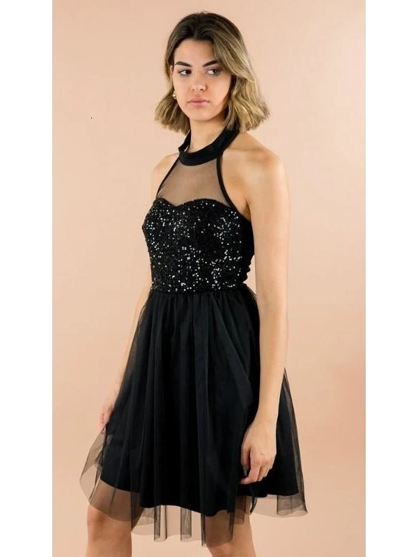 GREYMODA VESTIDO MUJER SKATER TULLE CUELLO HALTER CUERPO с пайетками