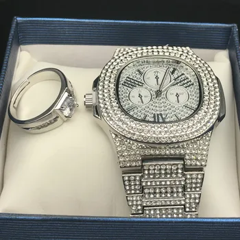 

Luxury Men Silver Color Watch & Ring Combo Set Adjustable Ring Rock Rapper Men Jewelry Fashion Gift In Crystal For Men